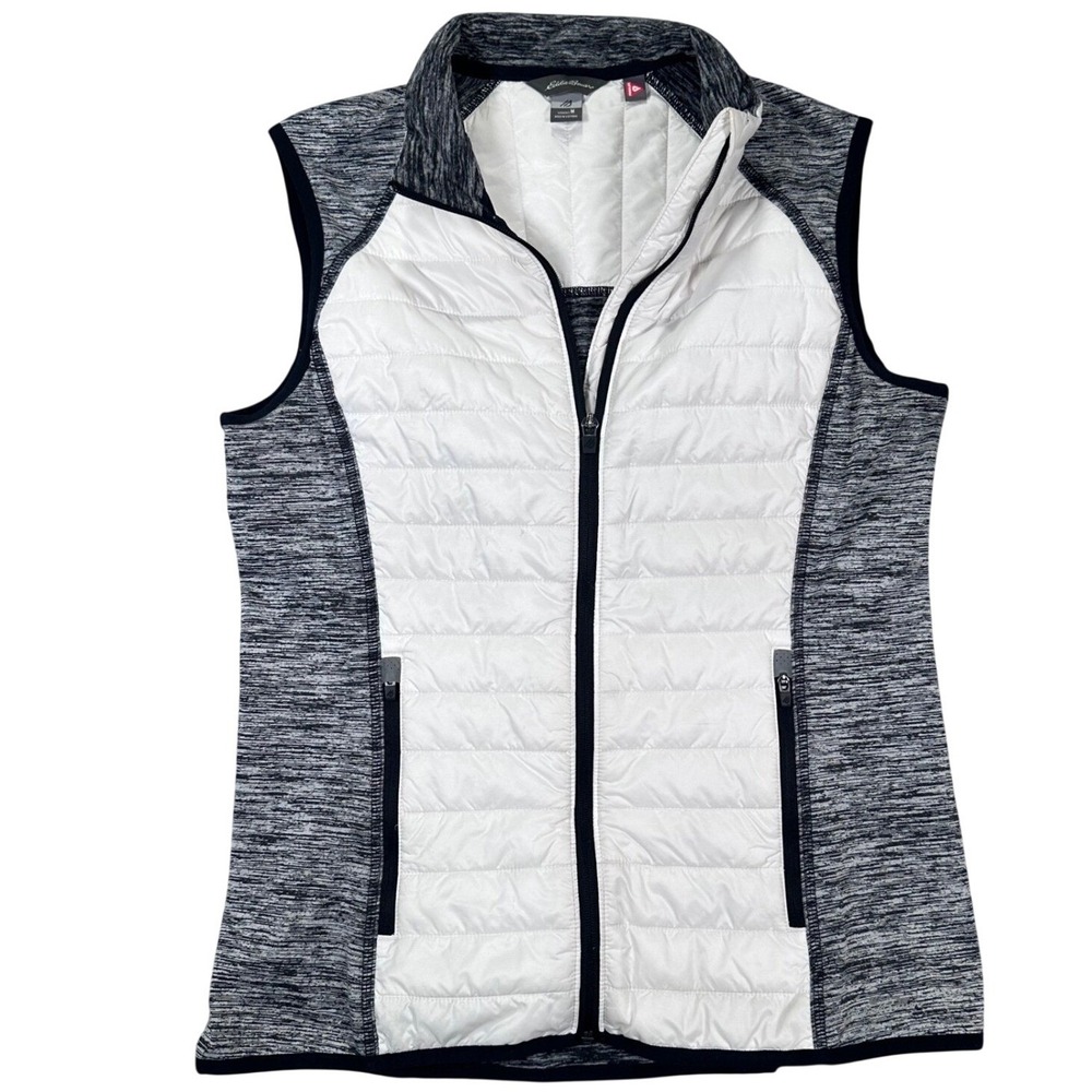 Eddie Bauer Emberlite Hybrid Vest Womens M White Gray Puffer Fleece Stretch Zip
